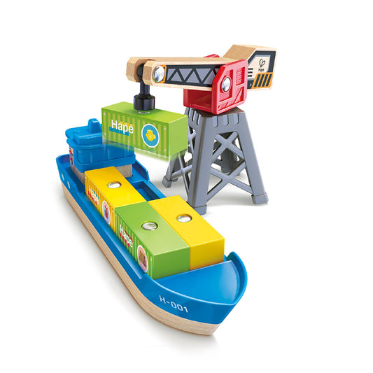 Hape Cargo Ship & Crane Wooden Play