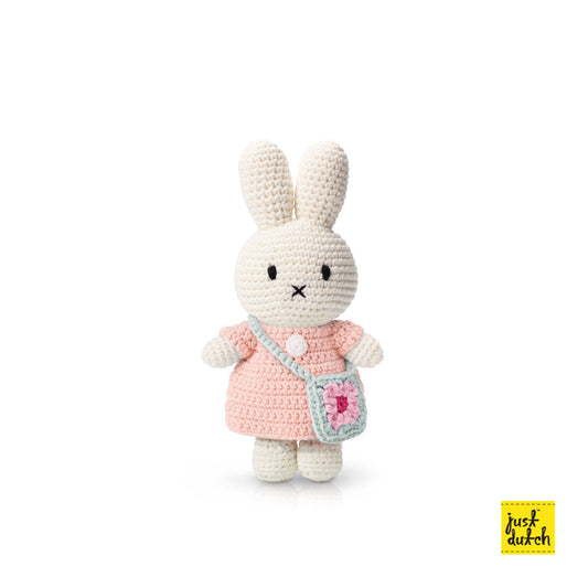 Miffy and her flower bag: Pastel pink dress with blue flower bag