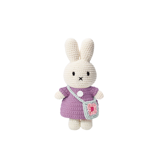 Miffy and her flower bag: Lilac dress with blue flower bag